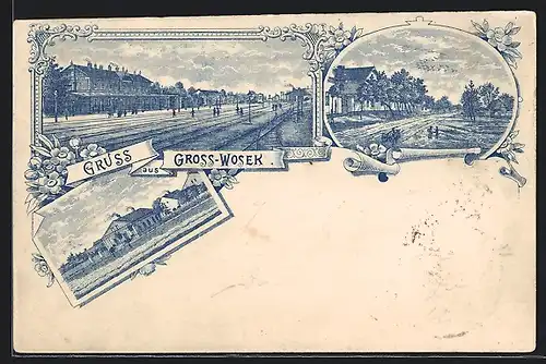 Lithographie Gross-Wosek, Bahnhof, Strassenpartie mit Gebäudeansicht, Ortspartie