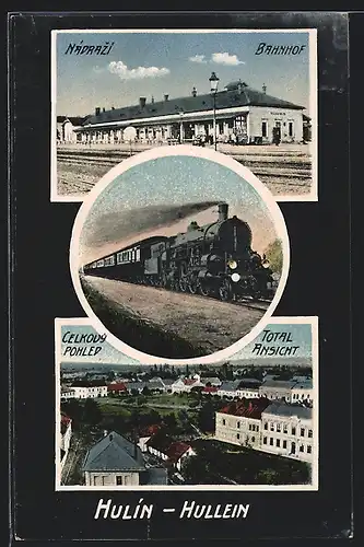 AK Hullein, Am Bahnhof, Eisenbahn in voller Fahrt