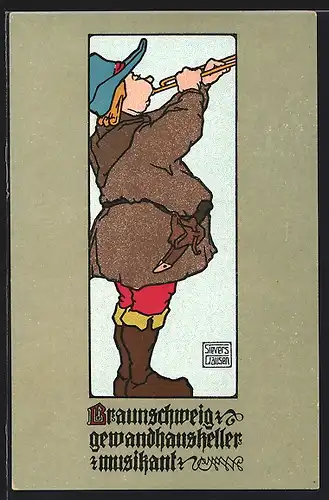 Künstler-AK sign. Sievers Clausen: Braunschweig, Gewandhauskeller, Musikant mit Blasinstrument