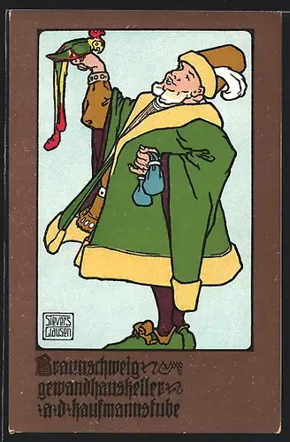 Künstler-AK Braunschweig, Gewandhauskeller - Figur mit Papagei