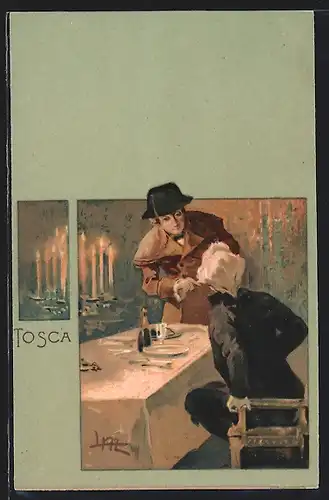 Künstler-AK Leopoldo Metlicovitz: Tosca, Edelleute beim Dinner