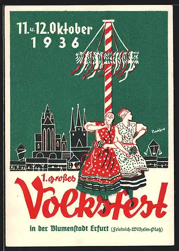 AK Erfurt, 1. Grosses Volksfest 1936, Festpostkarte, Damen mit Stadtpanorama