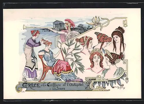 Künstler-AK sign. Dufresne: La Coiffure de l`Antique a nos Jours, Grece, Jugendstil