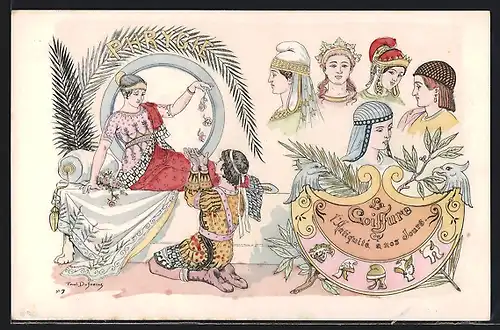 Künstler-AK sign. Dufresne: La Coiffure de l`Antiquité a nos Jours, Phrygie, Jugendstil