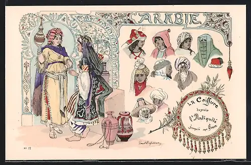 Künstler-AK sign. Dufresne: La Coiffure de l`Antiquité a nos Jours, Arabie, Jugendstil