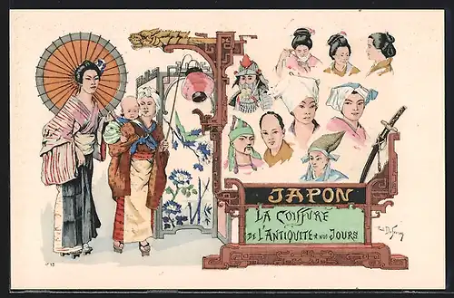 Künstler-AK sign. Dufresne: La Coiffure de l`Antiquité a nos Jours, Japon, Jugendstil