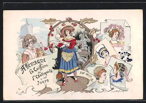 Künstler-AK sign. Dufresne: La Coiffure de l`Antiquité a nos Jours, Allemagne, Jugendstil