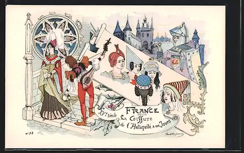 Künstler-AK sign. Dufresne: La Coiffure de l`Antiquité a nos Jours, France, Jugendstil