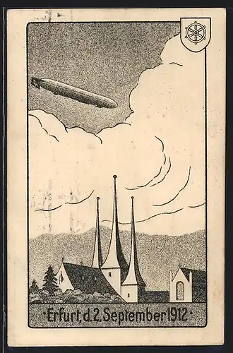 Künstler-AK Erfurt, Zeppelin über der Stadt am 2. September 1912, Wappen