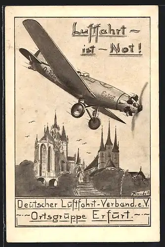 Künstler-AK Erfurt, Deutscher Luftfahrt-Verband e.V., Flugzeug über Dom und St. Severi