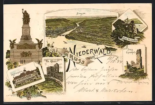 Vorläufer-Lithographie Bingen, 1894, Ortsansicht vom Niederwald aus, Jagdschloss, Burg Ehrenfels, Burg Rheinstein