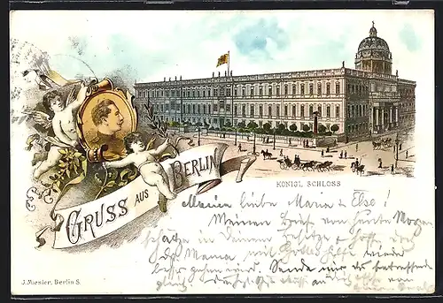 Vorläufer-Lithographie Berlin, 1895, Königliches Schloss, Engel, Kaiser Wilhelm II.