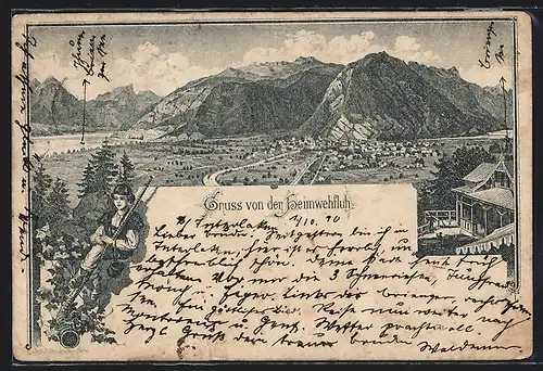 Vorläufer-Lithographie Heimwehfluh, 1890, Ausblick vom Gasthaus auf die Berge