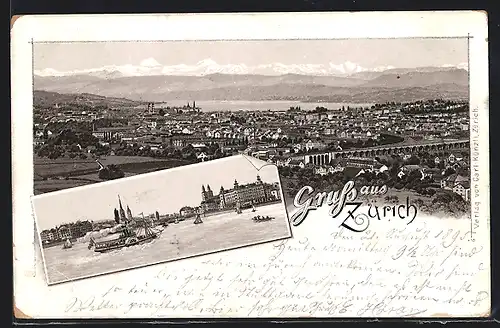 Vorläufer-Lithographie Zürich, 1895, Stadtansicht mit Blick auf Zürichsee und Berge, Dampfer