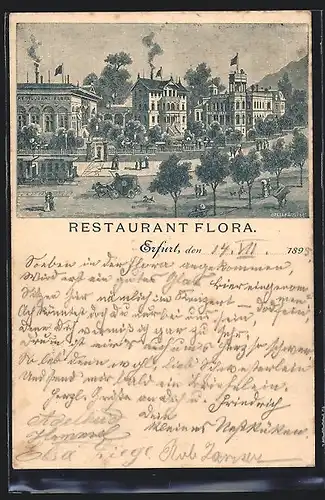 Vorläufer-Lithographie Erfurt, 1895, Restaurant Flora, Kutsche und Strassenbahn