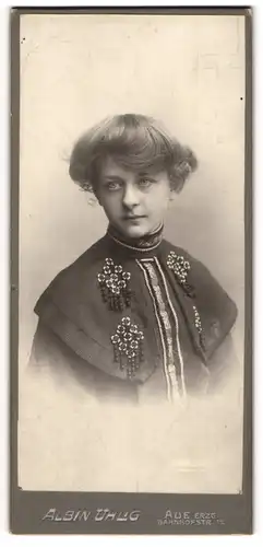 Fotografie Albin Uhlig, Aue i. Erzg., junge Frau im bestickten Kleid mit toupierten Haaren