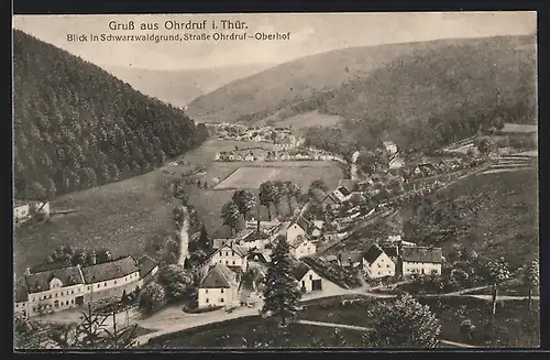 AK Ohrdruf i. Thür., Blick in Schwarzwaldgrund, Strasse nach Oberhof