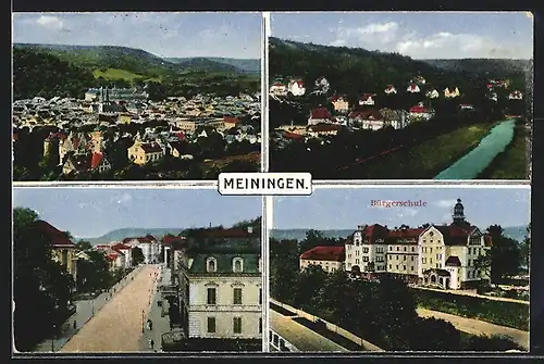 AK Meiningen, verschiedene Ortsansichten mit Häusern und Bürgerschule