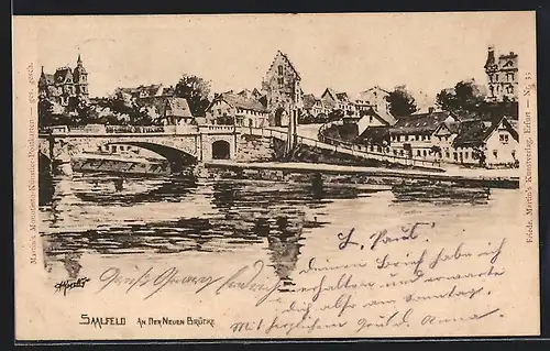 Künstler-AK Saalfeld, Flusspartie mit Brücke und Stadtansicht