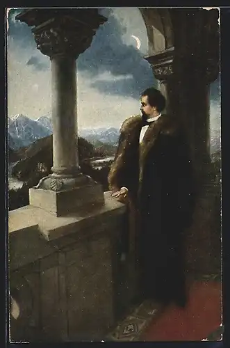 AK Portrait König Ludwig II. von Terrasse auf weites Tal blickend