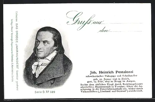 Künstler-AK Pädagoge und Schriftsteller Joh. Heinrich Pestalozzi