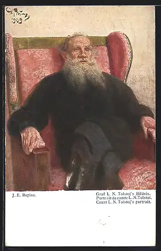Künstler-AK Leo Graf Tolstoi sitzt in einem Sessel