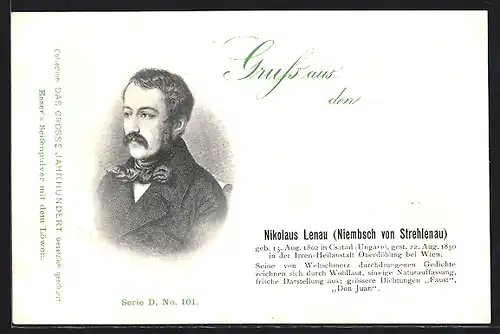 AK Portrait von Nikolaus Lenau, Niembsch von Strehlau, ungarischer Dichter