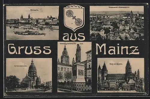 AK Mainz, Christuskirche, Rheinseite, Wappen, Totalansicht