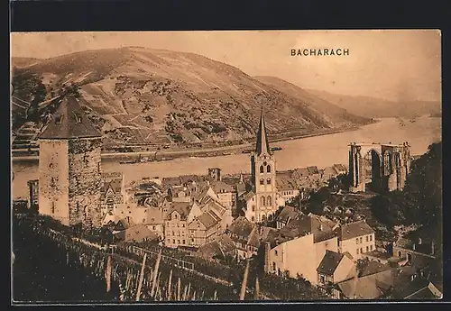 AK Bacharach, Ortsansicht mit Rheinblick aus der Vogelschau