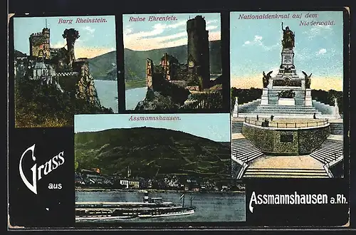 AK Assmannshausen a. Rh., Niederwald-Denkmal, Burg Rheinstein, Panorama