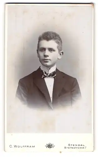 Fotografie C. Wolffram, Stendal, Portrait junger Mann im Anzug mit Fliege