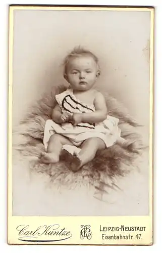 Fotografie Carl Kuntze, Leipzig-Neustadt, Portrait niedliches Kleinkind im hübschen Kleid auf Fell sitzend