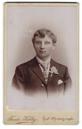 Fotografie Friedr. Kolby, Plauen i / V., Portrait junger Herr im Anzug mit Krawatte und Einstecktuch
