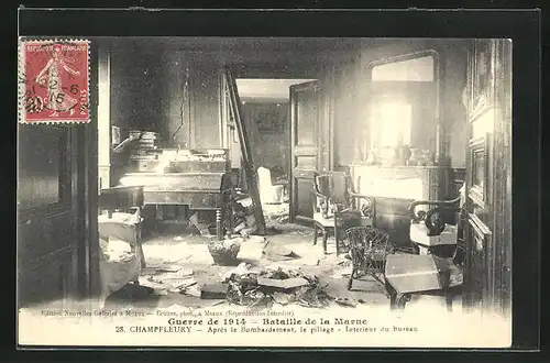 AK Champfleury, Guerre de 1914, Bataille de la Marne, Après le Bombardement, Le Pillage, Interieur du Bureau