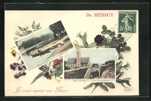 AK Héricy, Au Bord de la Seine, L'Eglise et le Pont de Chemin de Fer