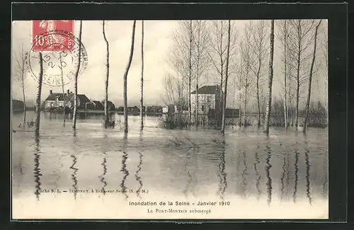 AK Montain, Inondation de la Seine 1910, Le Port Montain submergé