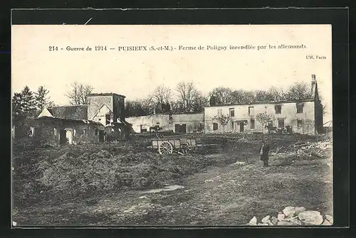 AK Puisieux, Guerre de 1914 - Ferme de Poligny incendiée par les allemands
