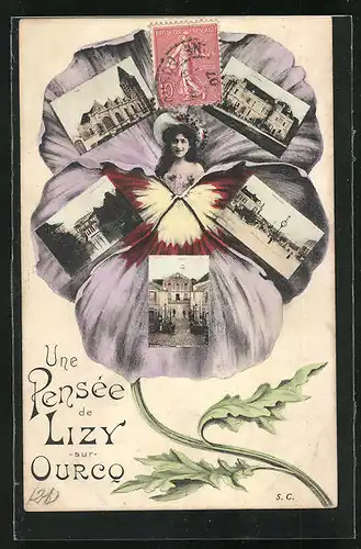 AK Lizy-sur-Ourcq, Verschiedene Ortsansichten, Frau in einer Blumenblüte