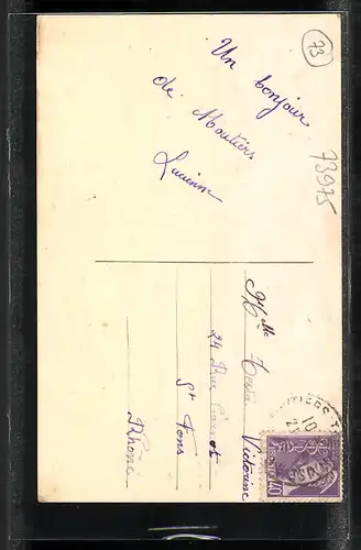 AK Moutiers-Salins, Grusskarte mit WaldundFlusspartie, Schwalbe und Blumenschmuck