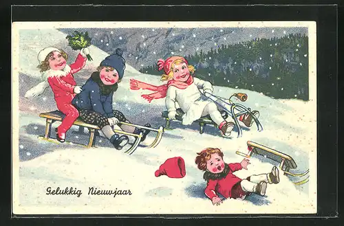AK Kinder fahren Schlitten, Neujahrsgruss