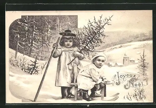 Präge-AK Zwei kleine Mädchen mit Schlitten und Tannenbaum, Weihnachtsgruss
