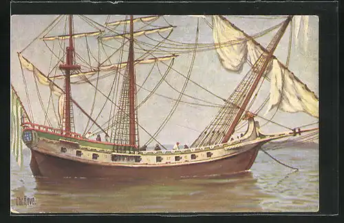 Künstler-AK Christopher Rave: Portugiesisches Handelsschiff im 18. Jahrh. vor Anker liegend