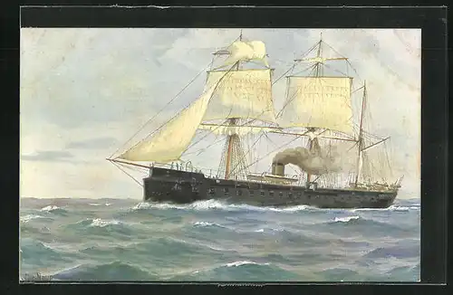 Künstler-AK Christopher Rave: Erstes französisches Panzerschiff La Glorie, 1859