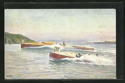 Künstler-AK Christopher Rave: Motorrennboote in voller Fahrt, 1906