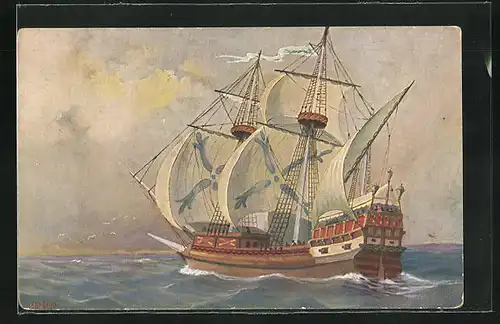 Künstler-AK Christopher Rave: Englisches Kriegsschiff in Fahrt, 15. Jahrhundert