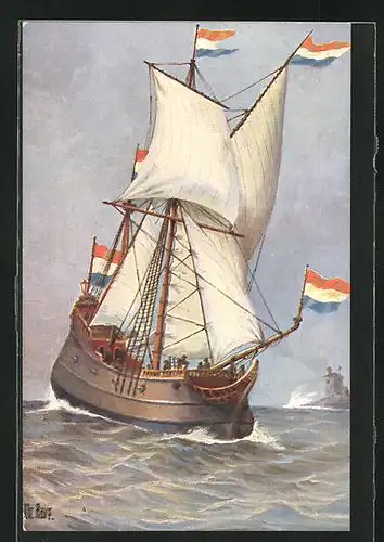 Künstler-AK Christopher Rave: Holländisches Handelsschiff in Fahrt, 17. Jahrhundert
