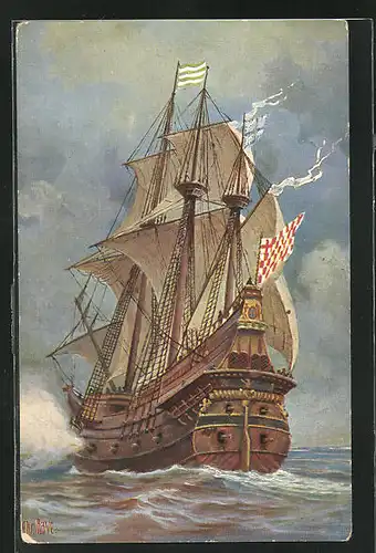 Künstler-AK Christopher Rave: Kriegsschiff, 16. Jahrhundert