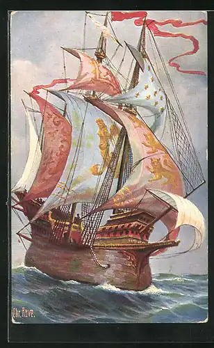 Künstler-AK Christopher Rave: Engl. Kriegsschiff, 15. Jahrhundert