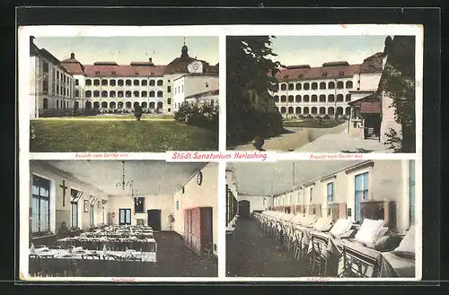 AK München-Harlaching, Städtisches Sanatorium Harlaching, Speisessal und Aussenansicht