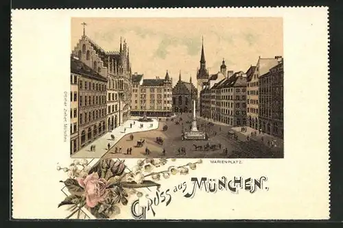 Lithographie München, Gesamtansicht vom Marienplatz